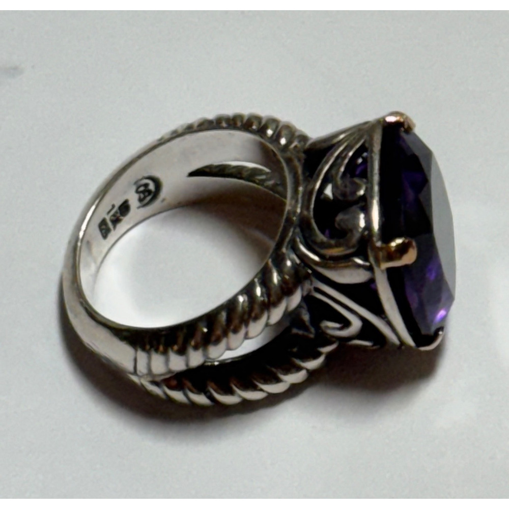 18k Yellow Gold & Sterling Silver Ring w/FACETED Amethyst STONE 'OS ID' HALLMARK - Picture 8 of 9